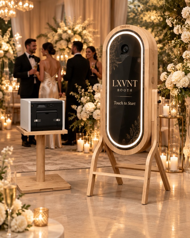 Фотобудка LXVNT Elegance на сватбено тържество, на топла светлина от свещи